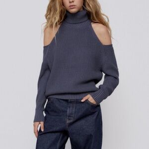 Zara Cold Shoulder Turtleneck Sweater in Blue Gray